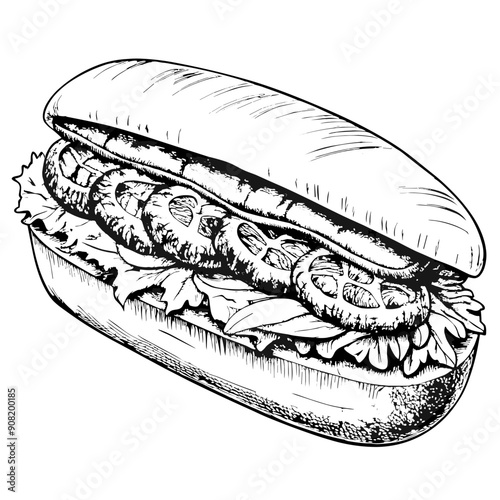 Banh Mi Sandwich Illustration, Black and White, Vietnamese Cuisine Concept