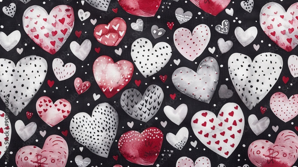 Red, white, and pink hearts painted on a black background Red, white, and pink hearts painted on a black background