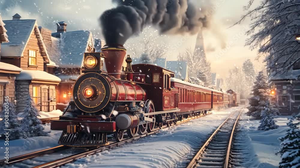 Christmas train traveling through snowy town. Vintage winter locomotive. Christmas travel concept. Festive holiday scene