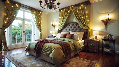 Luxurious Bedroom with Canopy Bed and String Lights photo