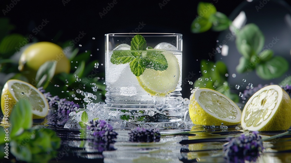 A glass of water with lemons, mint, and lemon wedges on a table surrounded by leaves and flowers A glass of water with lemons, mint, and lemon wedges on a table surrounded by leaves and flowers
