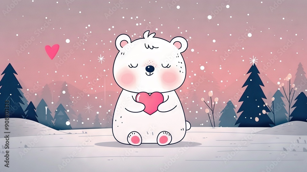 A polar bear holds a heart in a snowy landscape with trees and a heart-shaped object in the foreground A polar bear holds a heart in a snowy landscape with trees and a heart-shaped object in the foreground
