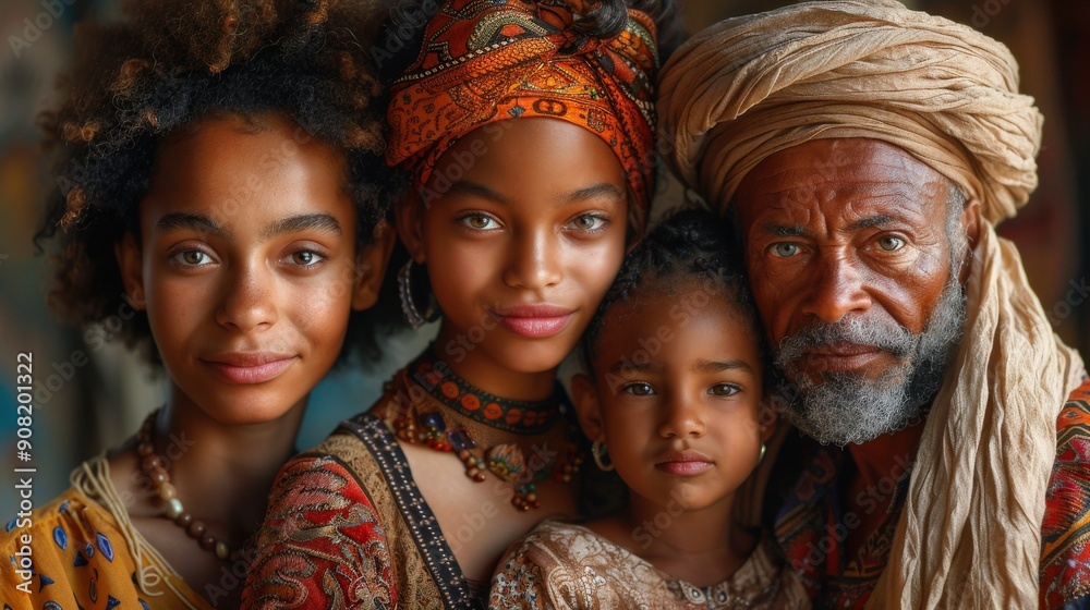 Hyper-realistic portrait of a multi-ethnic family spanning generations, each member with sincere and joyful expressions, set against a background that showcases their cultural richness and unity Hyper-realistic portrait of a multi-ethnic family spanning generations, each member with sincere and joyful expressions, set against a background that showcases their cultural richness and unity
