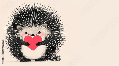   A porcupine holds a heart in its paws by its side photo