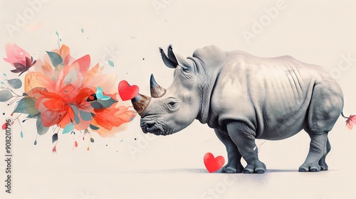  A captivating artwork depicting a rhino with hearts emerging from its mouth, and a delicate flower blooming from its nost photo