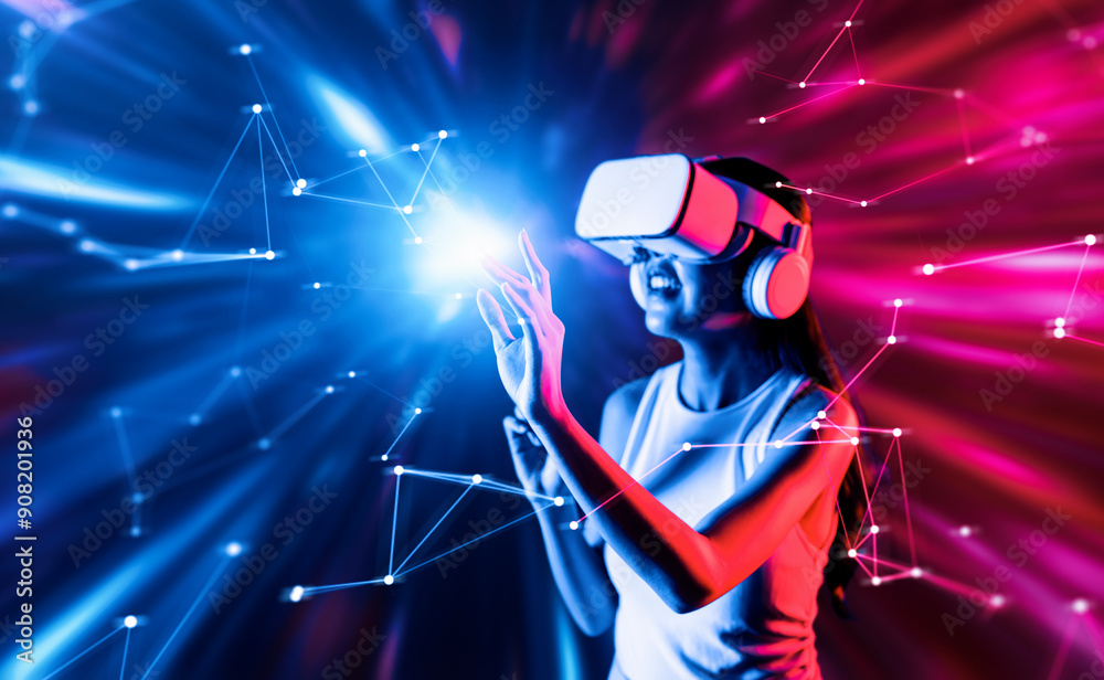 Smart female standing surrounded by neon light wearing VR headset connecting metaverse, future cyberspace community technology. Elegant woman using finger touch virtual reality object. Hallucination. Smart female standing surrounded by neon light wearing VR headset connecting metaverse, future cyberspace community technology. Elegant woman using finger touch virtual reality object. Hallucination.
