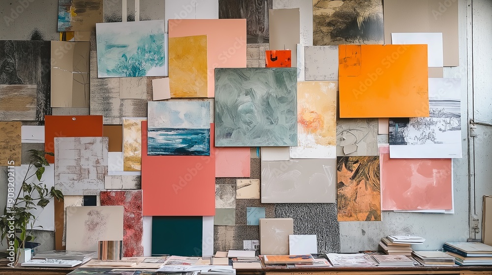 Photo collage, mood board of different colorful pictures on the wall of the artist's studio Photo collage, mood board of different colorful pictures on the wall of the artist's studio