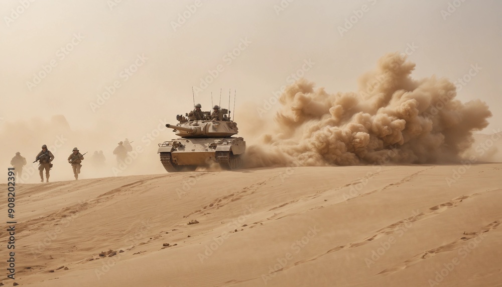Fototapeta premium A group of soldiers on a desert hill and a military tank approaching them, during a sandstorm