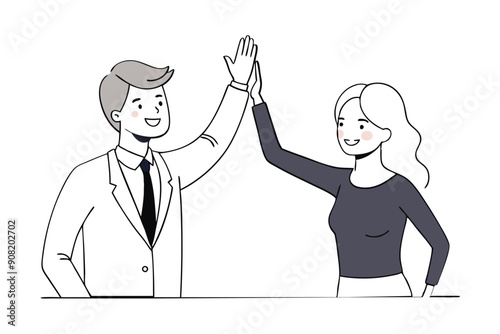 Businesswoman giving a high five to a colleague in meeting, One continuous single line hand drawing line art