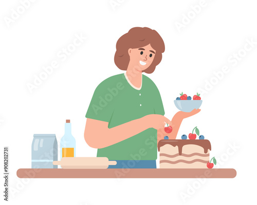 Happy woman cooking fruit chocolate cake. Female Baker Character preparing food concept. Vector illustration isolated on white background.