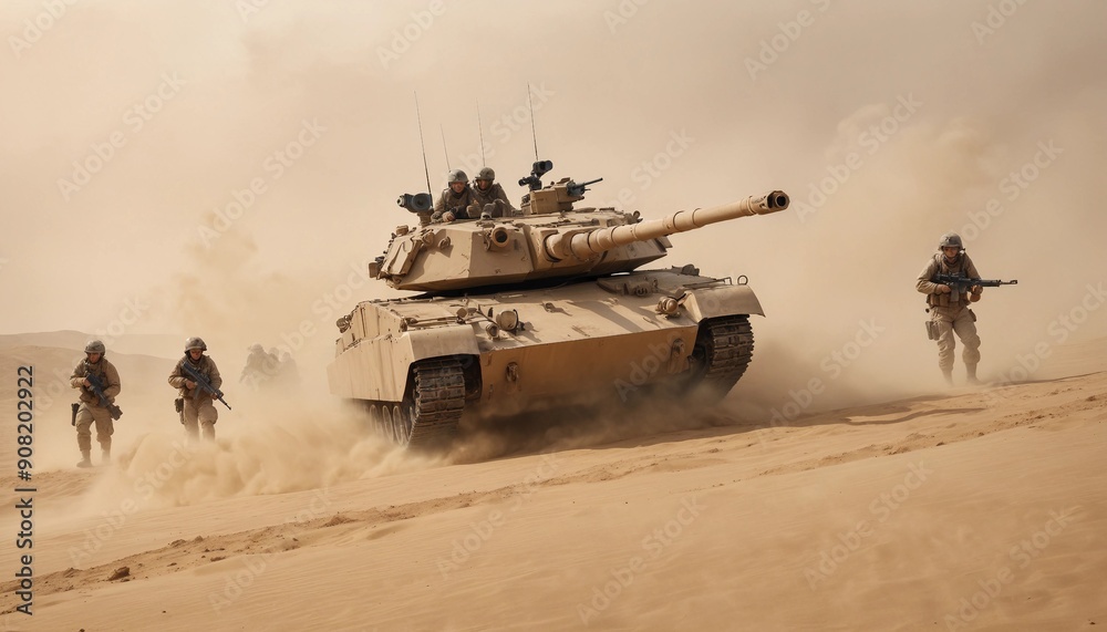 A group of soldiers on a desert hill and a military tank approaching them, during a sandstorm
A group of soldiers on a desert hill and a military tank approaching them, during a sandstorm