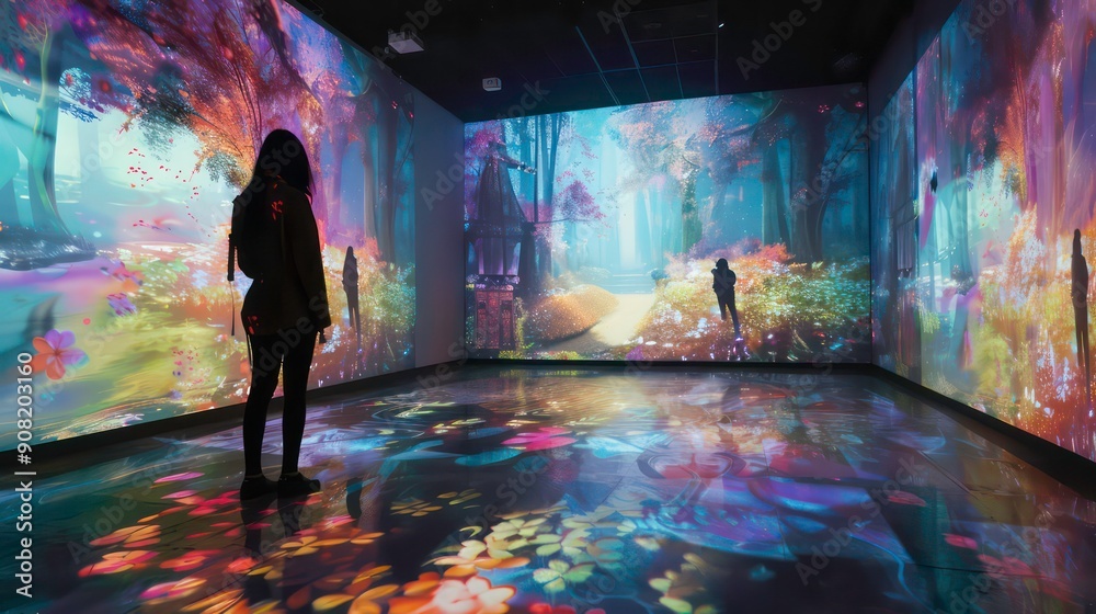 Obraz premium A Woman Stands in a Room Projected With Images of a Dreamlike Forest