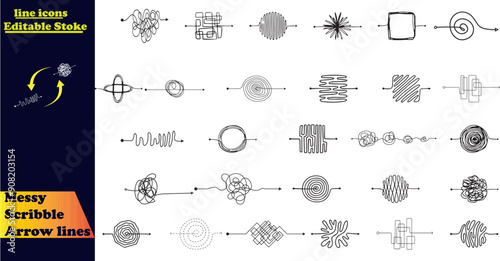 Arrow lines scribbled messily, a tangled web of chaotic doodles forming a confused and knotted mess, all drawn by hand.