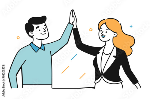 Businesswoman giving a high five to a colleague in meeting, One continuous single line hand drawing line art