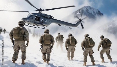 A group of soldiers stationed at the top of a snowy mountain, standing in formation amidst the freezing cold, as a military helicopter approaches to pick them up.