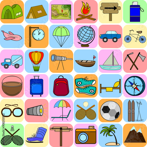 Travel vector multicolored icons.Colored vector collection of travel badges and icons.
