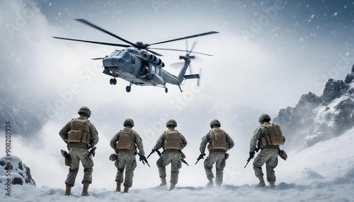 A group of soldiers stationed at the top of a snowy mountain, standing in formation amidst the freezing cold, as a military helicopter approaches to pick them up.