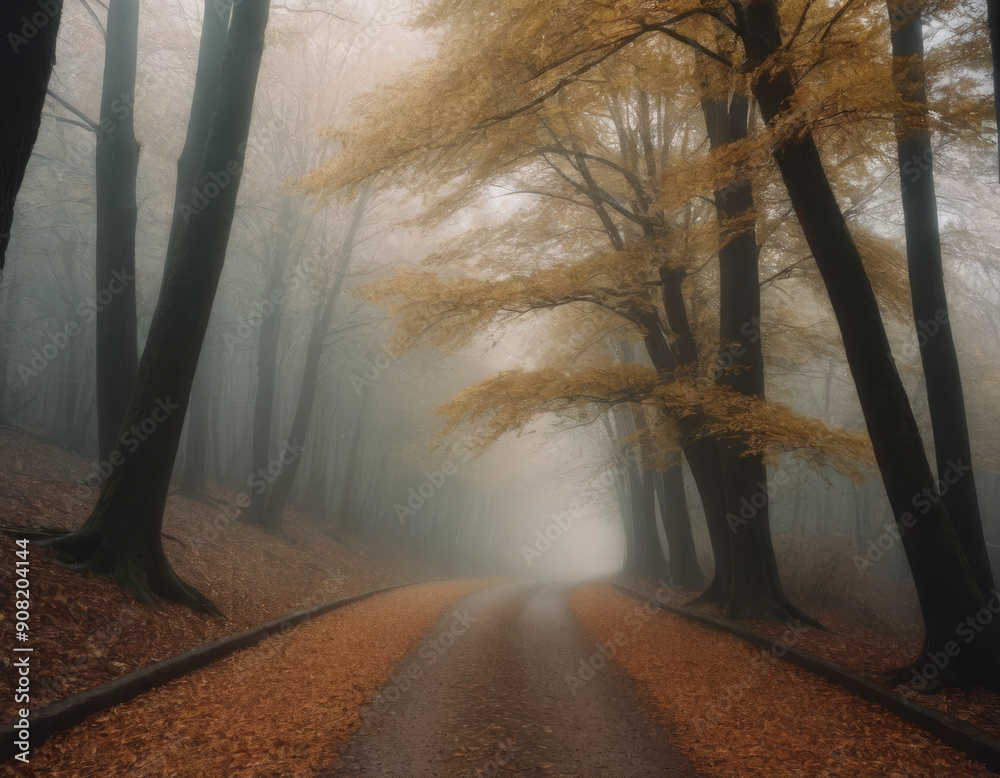 Naklejka premium La nebbia avvolge gli alberi, mentre la luce del sole svela lentamente il paesaggio autunnale nascosto