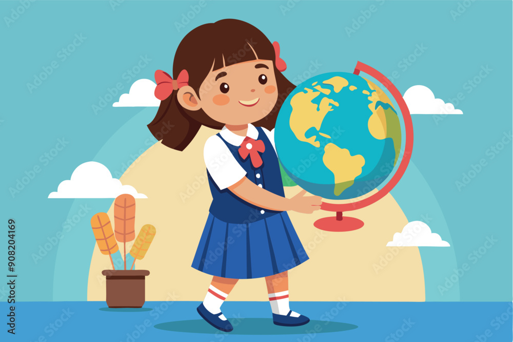 Fototapeta premium Vector illustration of school girl holding earth globe