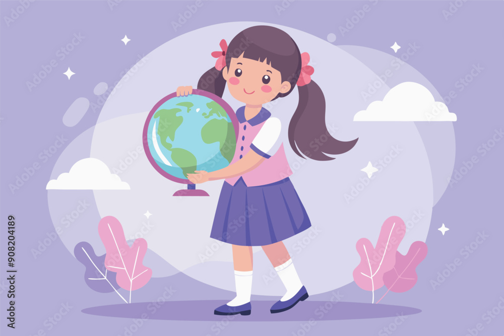 Vector illustration of school girl holding earth globe
