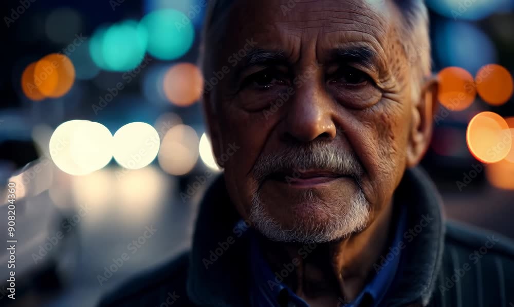 Portrait of an old man in the city at night with lights in the background Portrait of an old man in the city at night with lights in the background