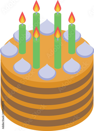 Delicious round layered cake with burning candles and cream decoration is waiting for being eaten