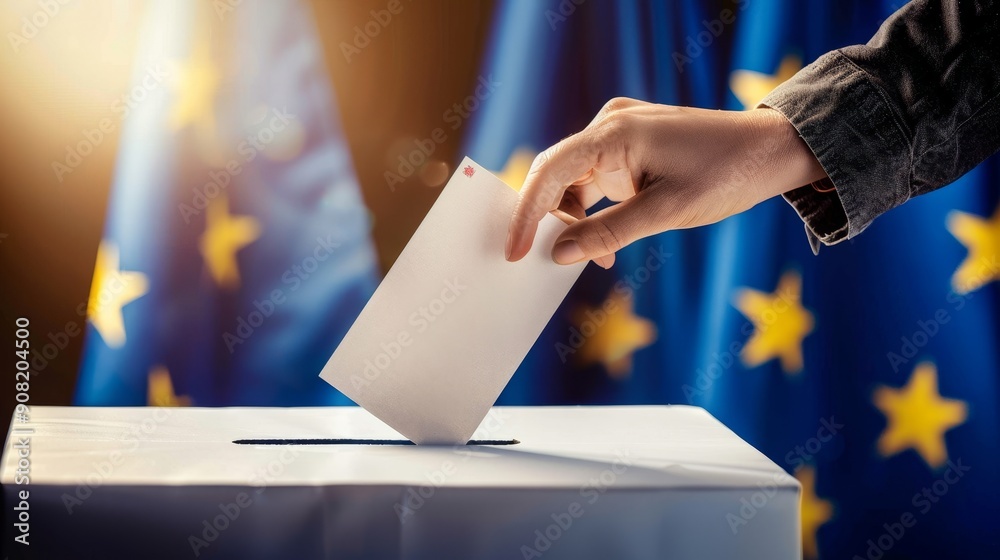 Obraz premium Hand Casting Ballot in Front of European Union Flag, Election, Democracy, European Union, Voting