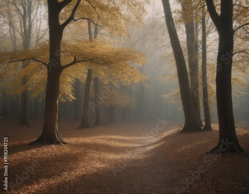 Una foresta autunnale, con molti alberi a foglia gialla e la luce che filtra tra di essi photo