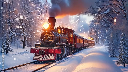 Christmas train traveling through snowy forest landscape. Vintage winter locomotive. Christmas travel concept. Festive holiday scene
