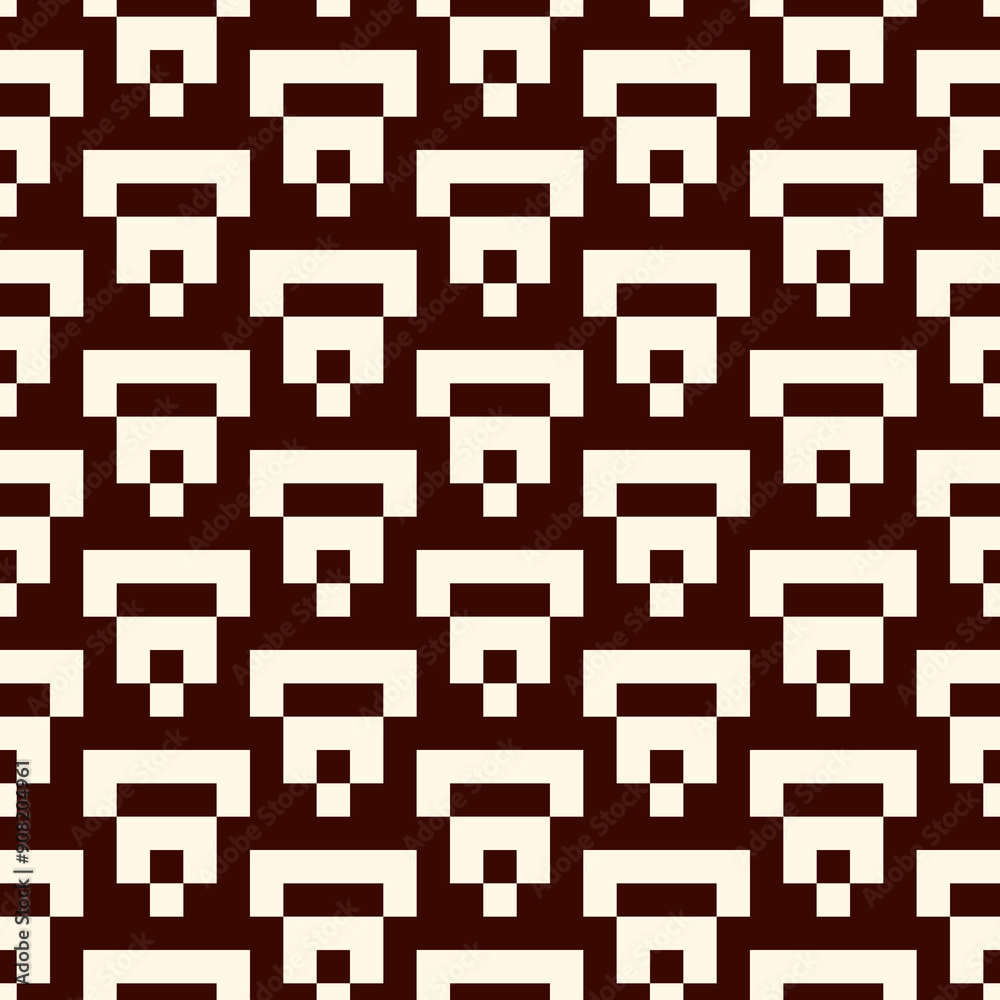 Geometric pixel art seamless pattern. Retro arcade game motif geo print. Repeated arcs, brackets mosaic background. Simple ornamental wallpaper. Vector artistic abstract ornament