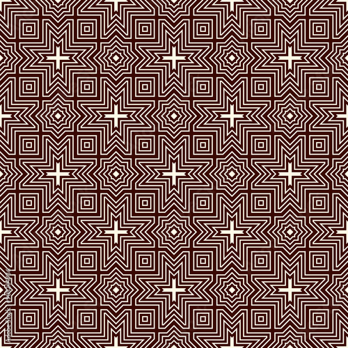 Seamless surface design with arabic ornament. Moroccan stars and crosses motif. Oriental traditional pattern with repeated mosaic tile. Tracery window wallpaper. Arabesque digital paper, textile print