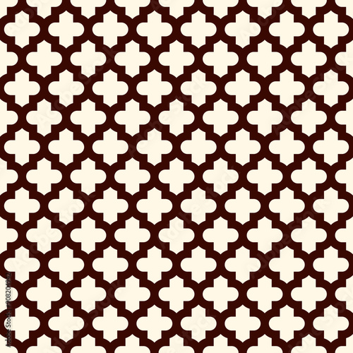 Seamless surface design with ogee ornament. Oriental traditional pattern with repeated mosaic tile. Tracery window wallpaper. Moroccan crosses motif. Arabesque digital paper, textile print. Vector art