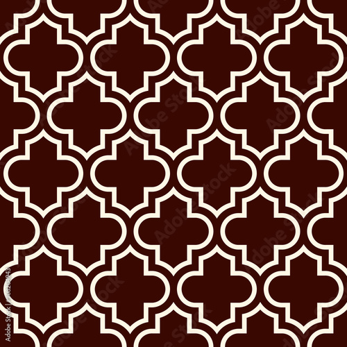 Seamless surface design with ogee ornament. Oriental traditional pattern with repeated mosaic tile. Tracery window wallpaper. Moroccan crosses motif. Arabesque digital paper, textile print. Vector art