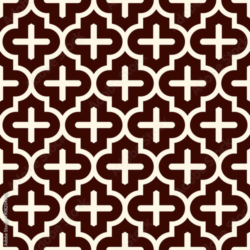 Seamless surface design with ogee ornament. Oriental traditional pattern with repeated mosaic tile. Tracery window wallpaper. Moroccan crosses motif. Arabesque digital paper, textile print. Vector art
