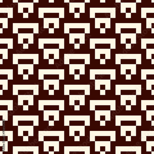 Geometric pixel art seamless pattern. Retro arcade game motif geo print. Repeated arcs, brackets mosaic background. Simple ornamental wallpaper. Vector artistic abstract ornament