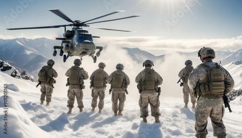 A group of soldiers stationed at the top of a snowy mountain, standing in formation amidst the freezing cold, as a military helicopter approaches to pick them up, its rotors kicking up snow into the a