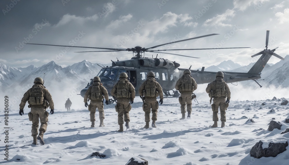 A group of soldiers stationed at the top of a snowy mountain, standing in formation amidst the freezing cold, as a military helicopter approaches to pick them up, its rotors kicking up snow into the a A group of soldiers stationed at the top of a snowy mountain, standing in formation amidst the freezing cold, as a military helicopter approaches to pick them up, its rotors kicking up snow into the a