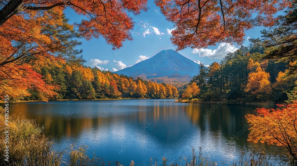 Obraz premium Peaceful Autumn Morning at Lake with Mountain Backdrop