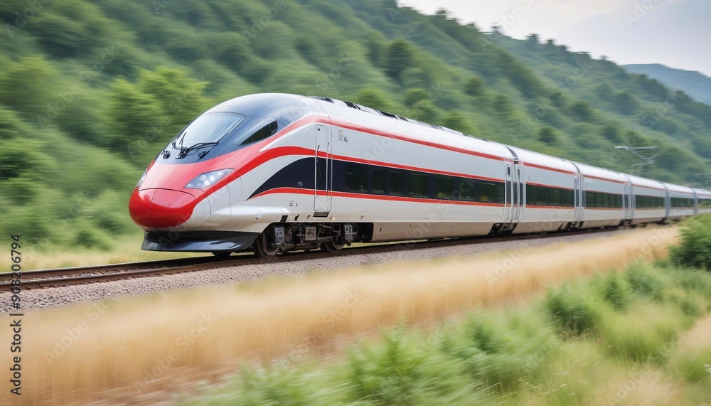 Fototapeta premium A high-speed train captured with panning technique, the train sharply in focus as it races through a blurred landscape, highlighting the sense of motion and speed.