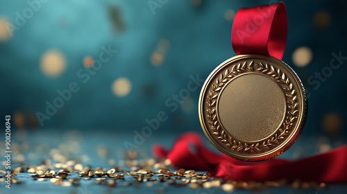 Close-up of a gold medal with a red ribbon against a sparkling blue background, representing achievement, victory, and success.