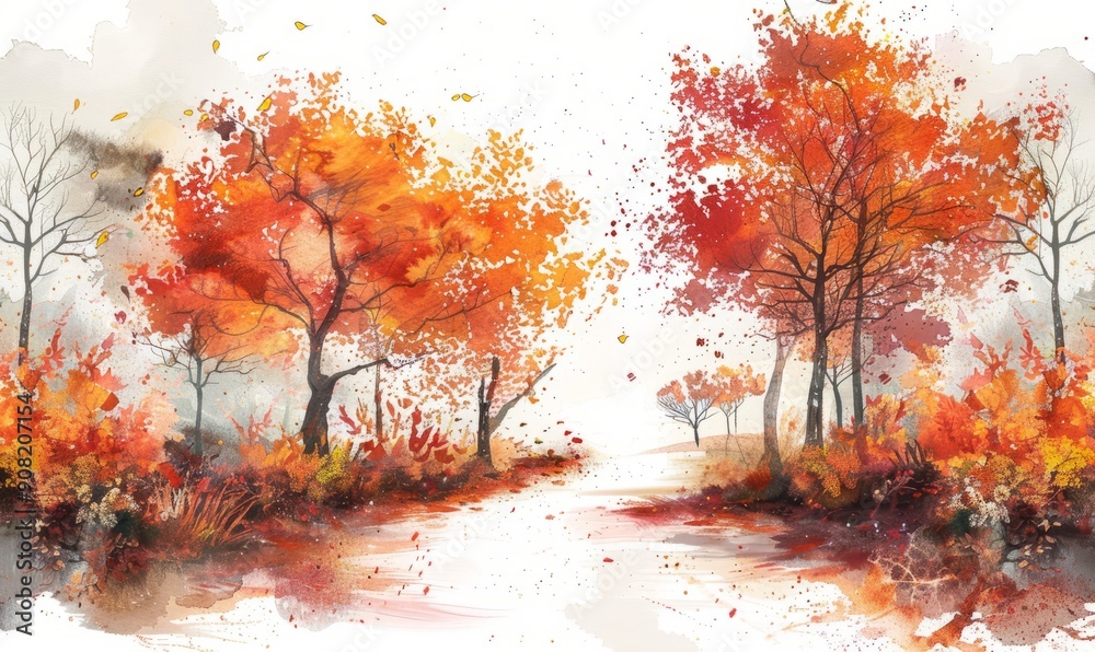 Fototapeta premium Watercolor abstract autumn path on white.