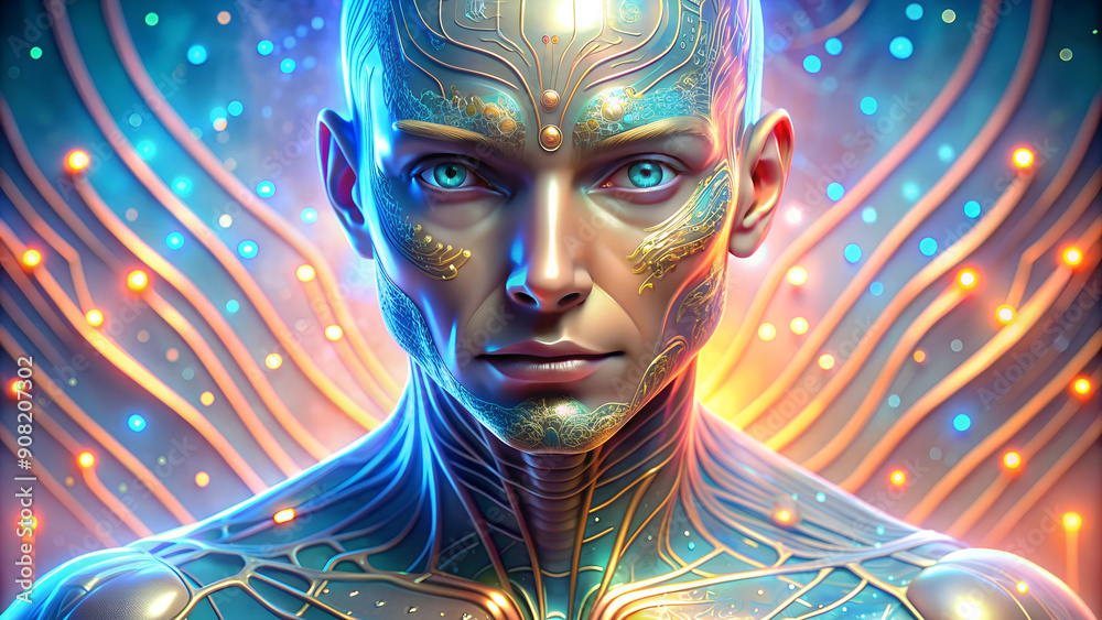 A creature with a body that flickers between human and robotic form, as if stuck in a constant state of transformation. His skin shimmers with digital particles A creature with a body that flickers between human and robotic form, as if stuck in a constant state of transformation. His skin shimmers with digital particles