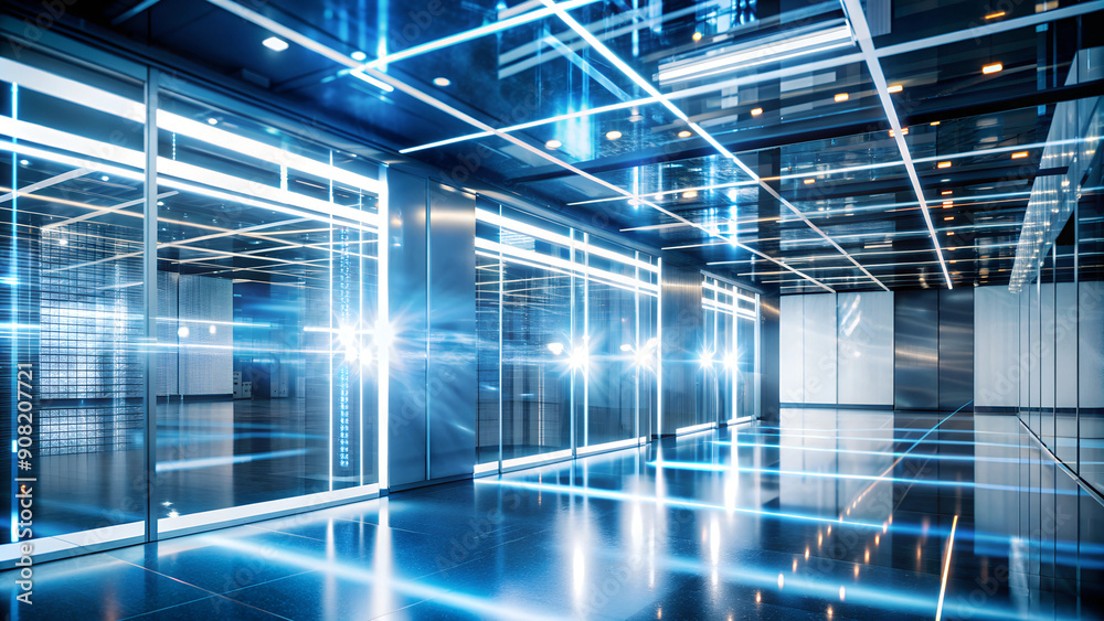 A high-tech space with translucent panels through which pulsating lines of light are visible, symbolizing the processor connections of artificial intelligence. A high-tech space with translucent panels through which pulsating lines of light are visible, symbolizing the processor connections of artificial intelligence.