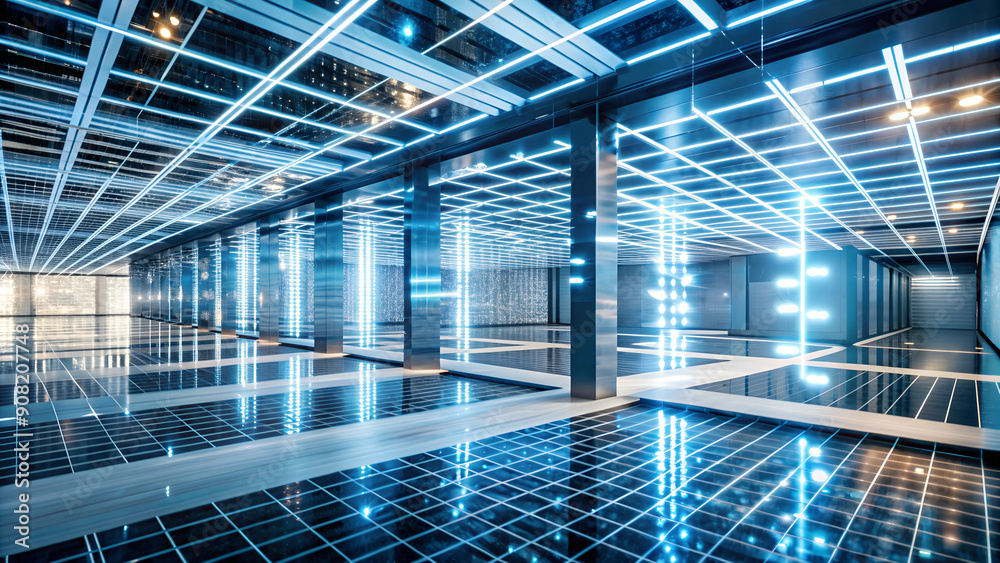 A high-tech space with translucent panels through which pulsating lines of light are visible, symbolizing the processor connections of artificial intelligence. A high-tech space with translucent panels through which pulsating lines of light are visible, symbolizing the processor connections of artificial intelligence.