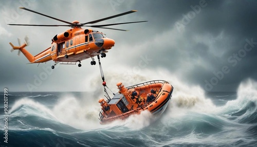 A rescue helicopter hovering above a choppy ocean, with high waves crashing around a lifeboat as crew members are lowered to help stranded survivors.
