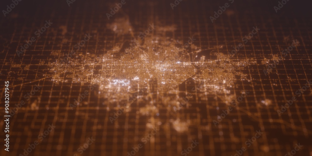 Street lights map of Wichita (Kansas, USA) with tilt-shift effect, view from north. Imitation of macro shot with blurred background. 3d render, selective focus Street lights map of Wichita (Kansas, USA) with tilt-shift effect, view from north. Imitation of macro shot with blurred background. 3d render, selective focus