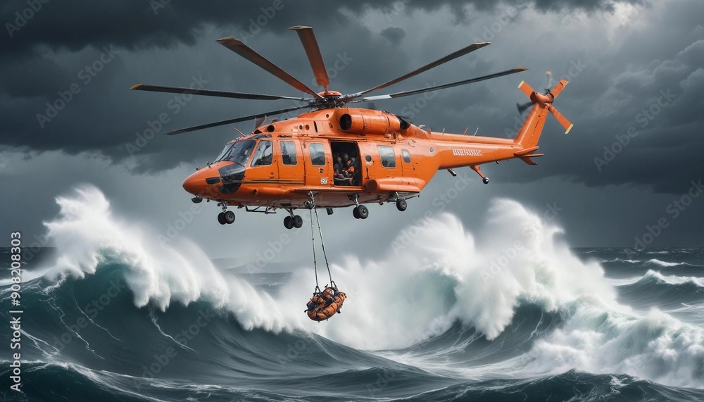 A rescue helicopter hovering above a choppy ocean, with high waves crashing around a lifeboat as crew members are lowered to help stranded survivors.
A rescue helicopter hovering above a choppy ocean, with high waves crashing around a lifeboat as crew members are lowered to help stranded survivors.