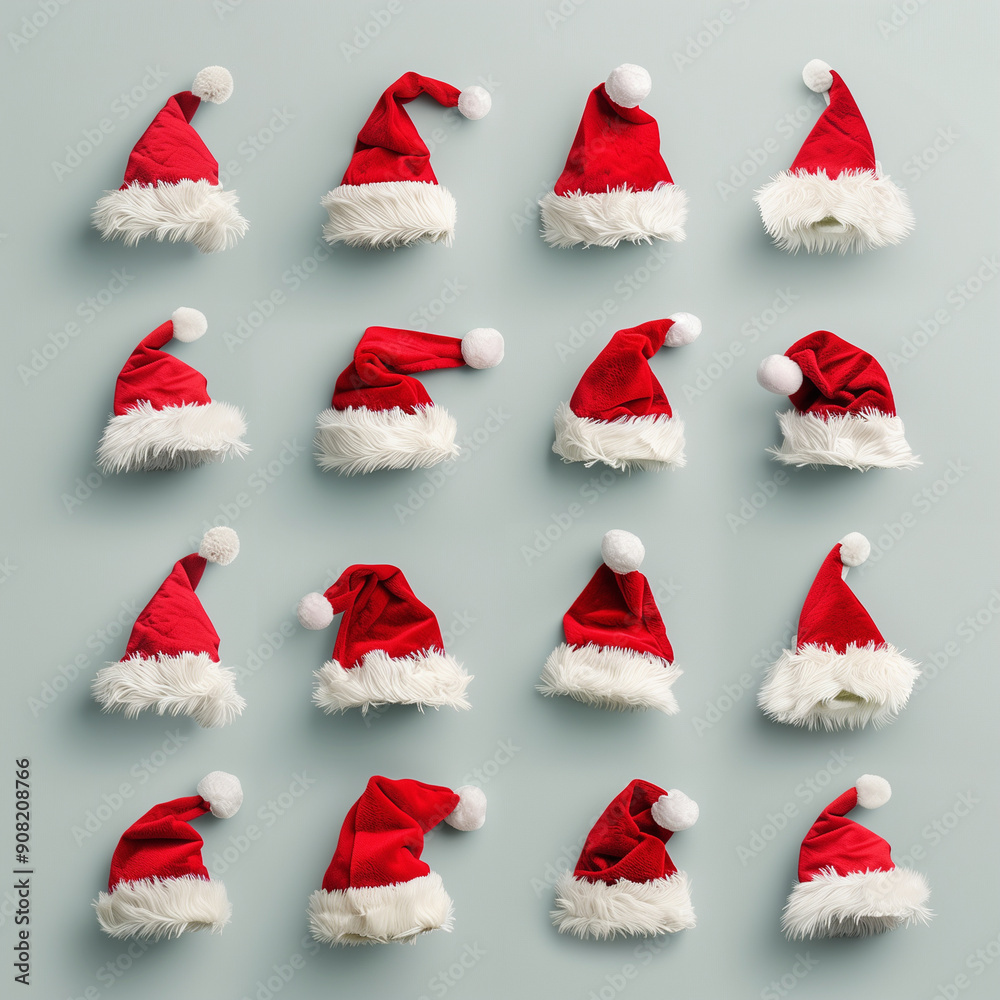 Set of 3D cute Santa Claus hats in different positions isolated on a grey background, for holiday-themed designs or social media posts Set of 3D cute Santa Claus hats in different positions isolated on a grey background, for holiday-themed designs or social media posts