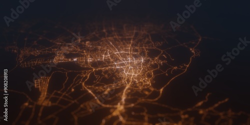 Street lights map of Urumqi (China) with tilt-shift effect, view from south. Imitation of macro shot with blurred background. 3d render, selective focus photo