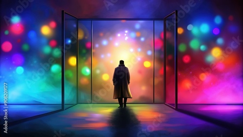 A lone figure standing in a doorway with colorful lights behind them